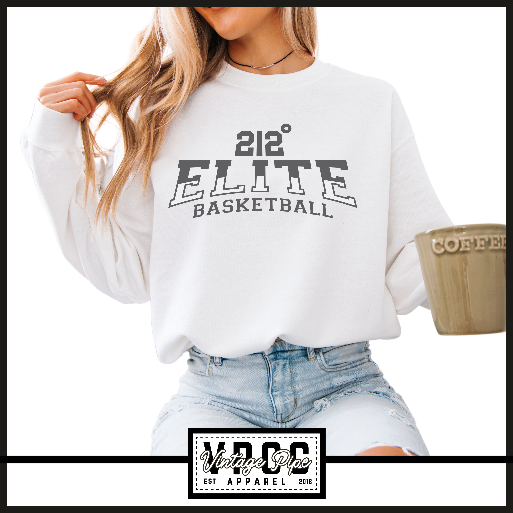 18000- 212 ELITE ARCHED CREW SWEATSHIRT YOUTH AND ADULT- WHITE