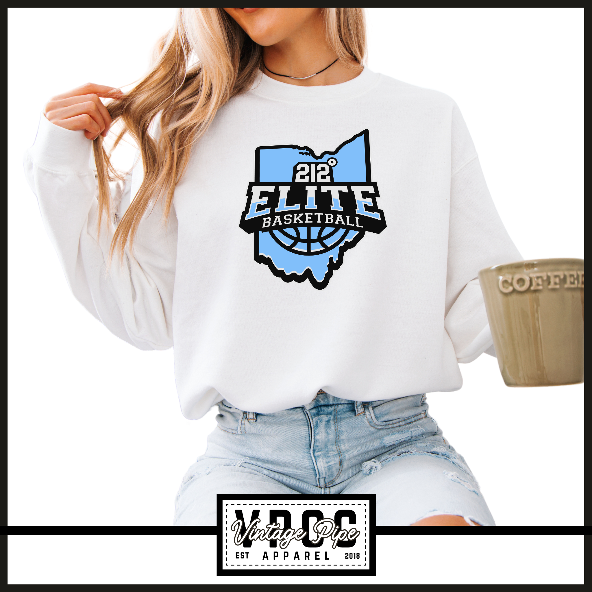 18000- 212 ELITE LOGO BLUE CREW SWEATSHIRT YOUTH AND ADULT- WHITE