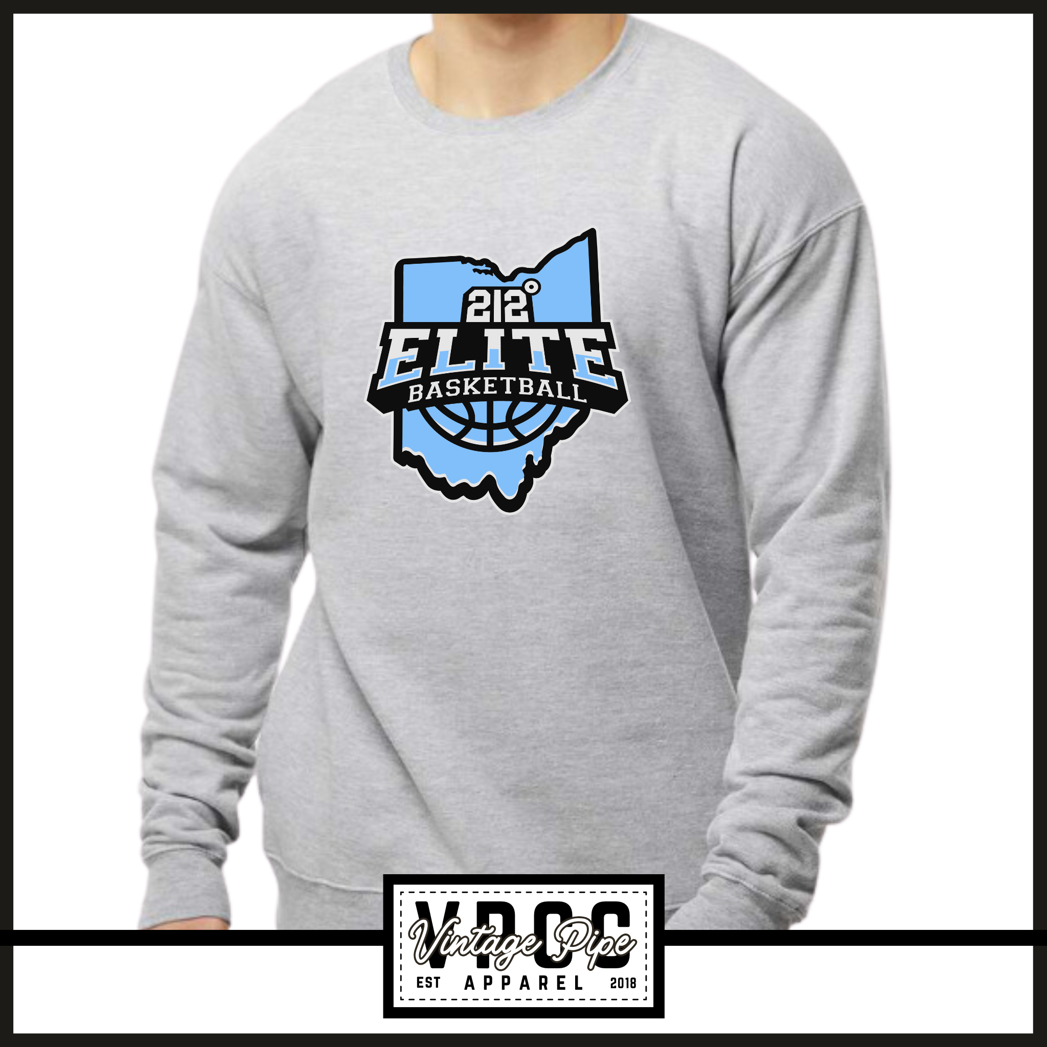 18000- 212 ELITE LOGO BLUE CREW SWEATSHIRT YOUTH AND ADULT- HEATHER GREY