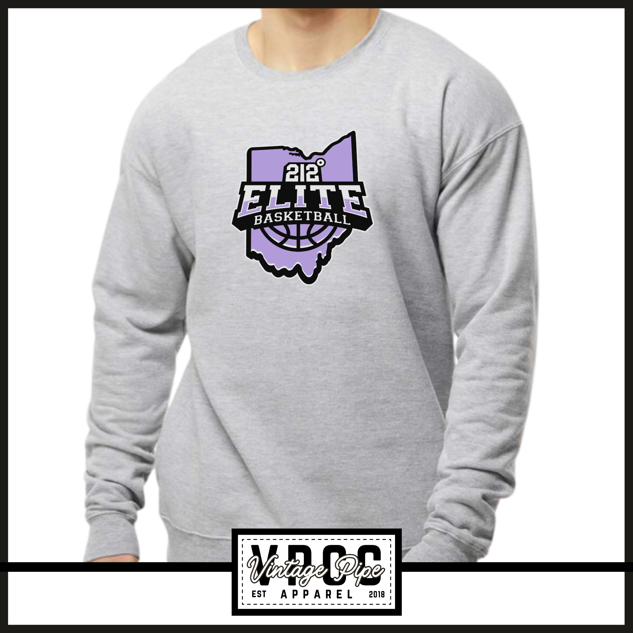 18000- 212 ELITE LOGO PURPLE CREW SWEATSHIRT YOUTH AND ADULT- HEATHER GREY