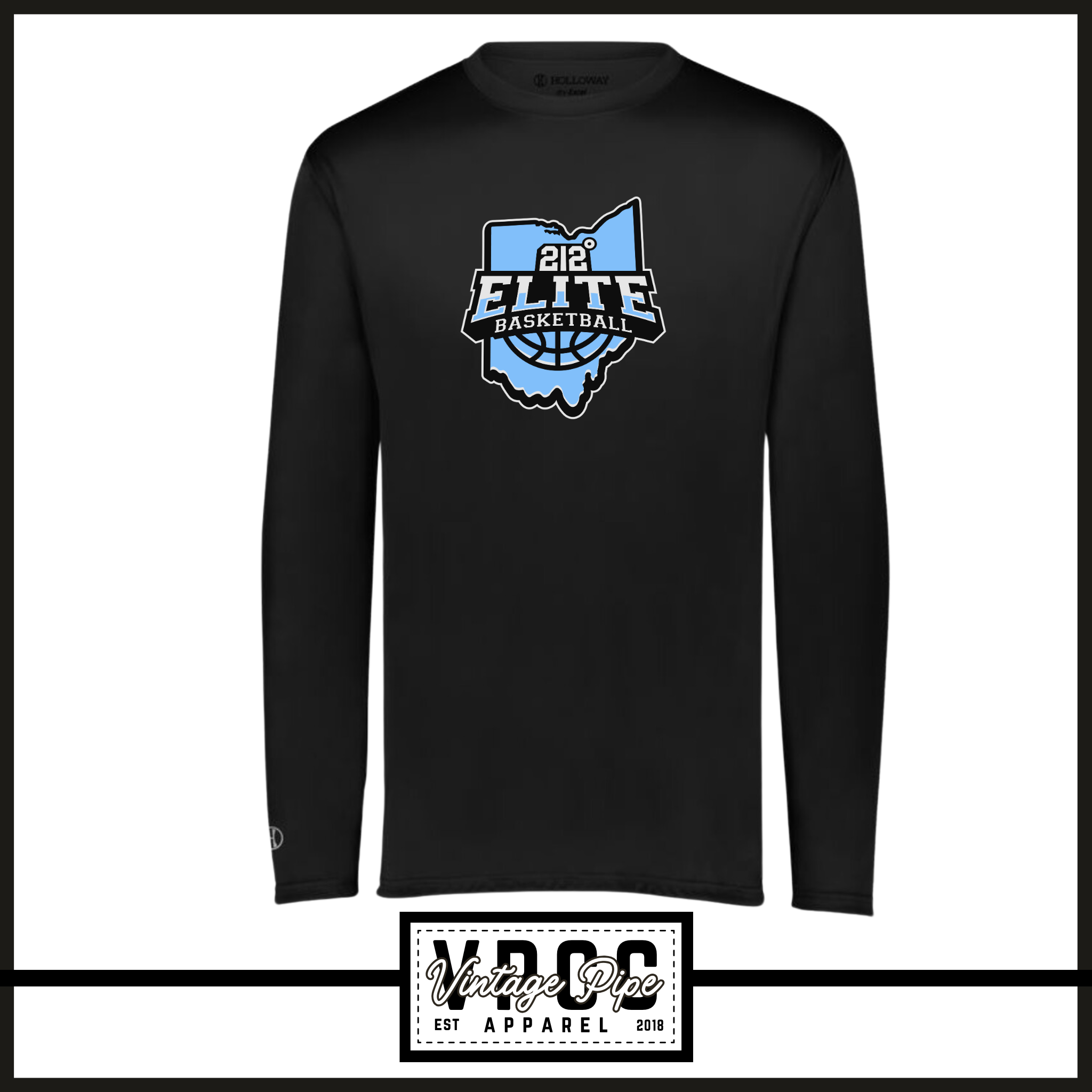 222822- 212 ELITE LOGO BLUE Momentum Tee (Dry Fit Material) (Youth & Adult)- LONG SLEEVE- BLACK