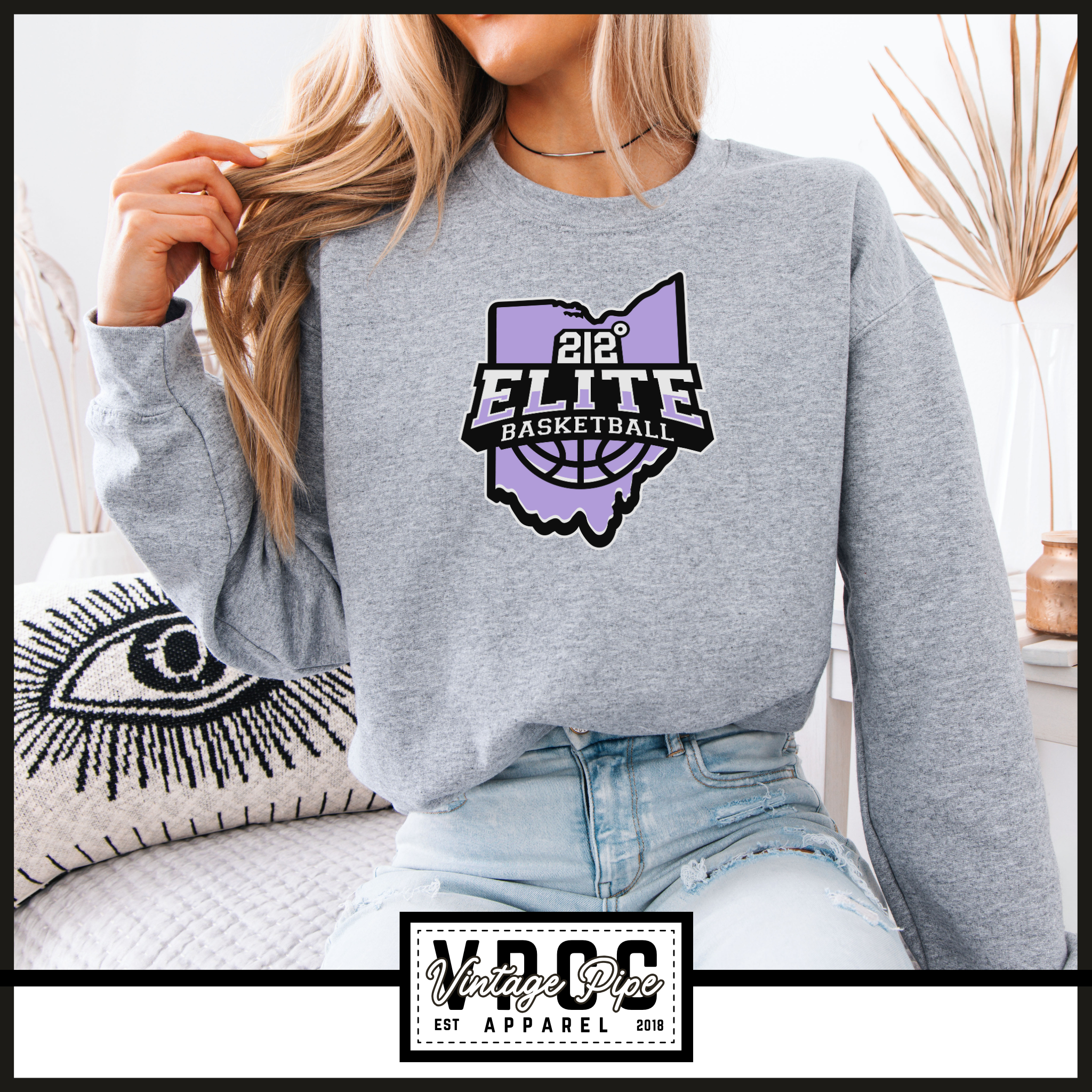 18000- 212 ELITE LOGO PURPLE CREW SWEATSHIRT YOUTH AND ADULT- HEATHER GREY