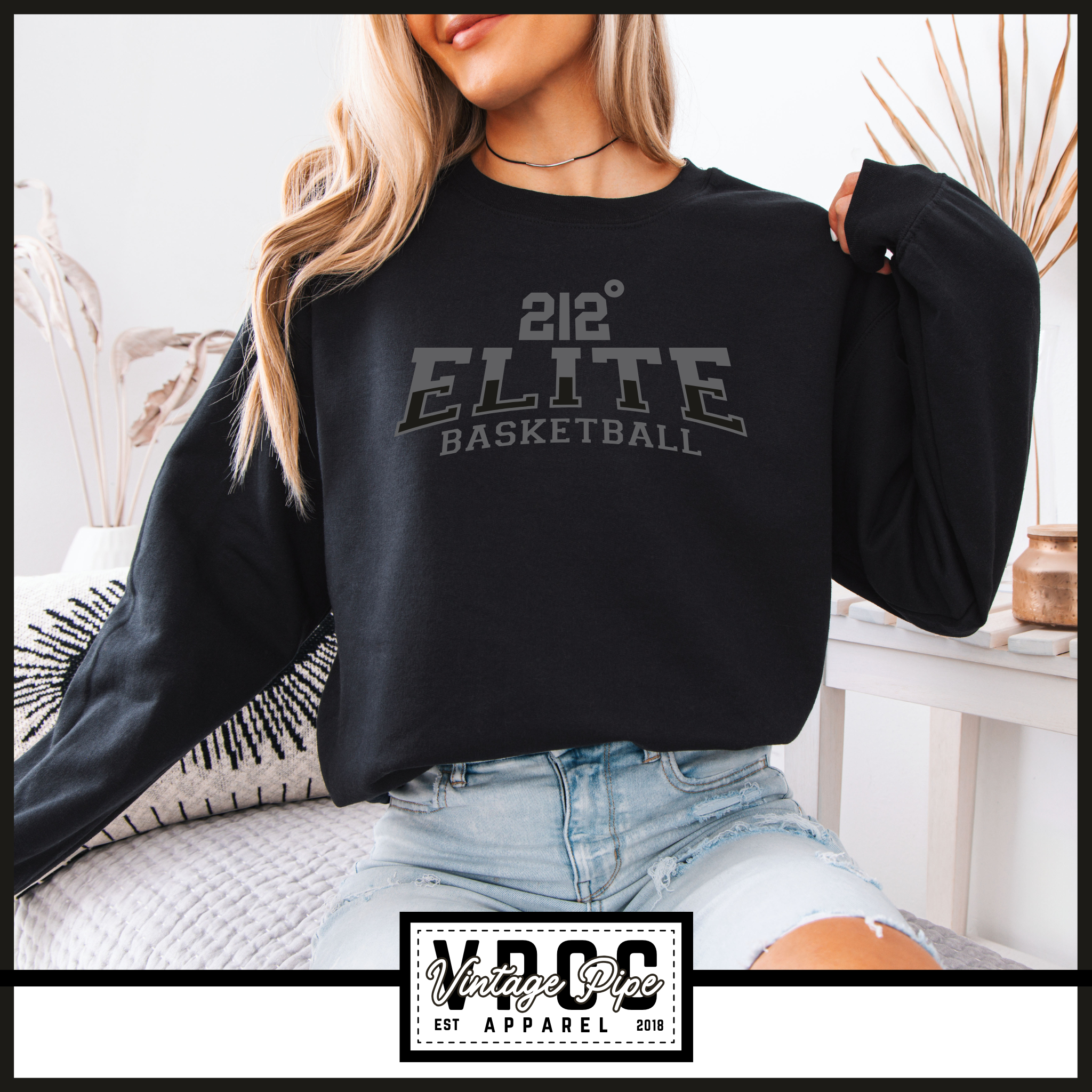 18000- 212 ELITE ARCHED CREW SWEATSHIRT YOUTH AND ADULT- BLACK