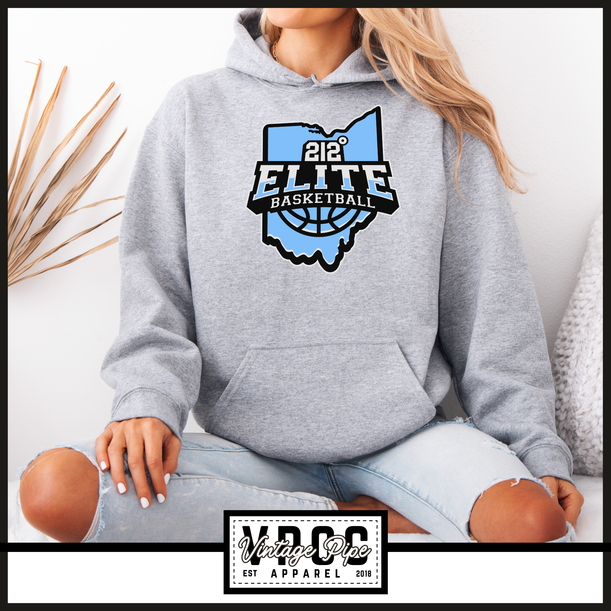 18500- 212 ELITE LOGO BLUE HOODIE- YOUTH & ADULT- HEATHER GREY