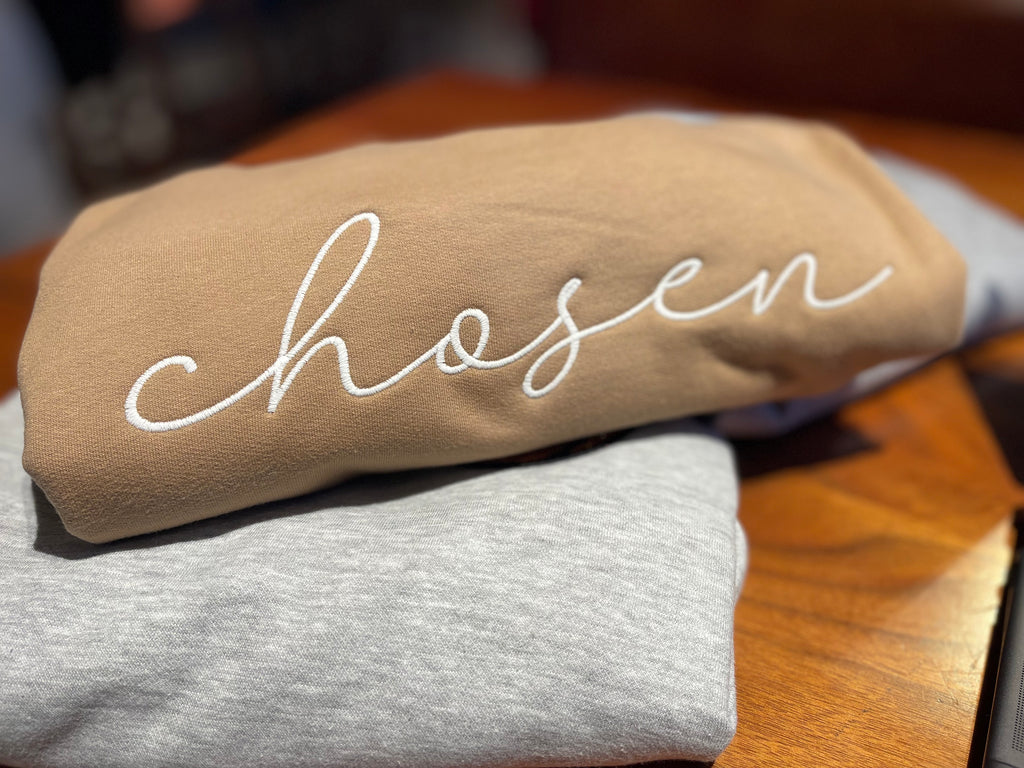 Embroidered Script Chosen Crew Neck Sweatshirt