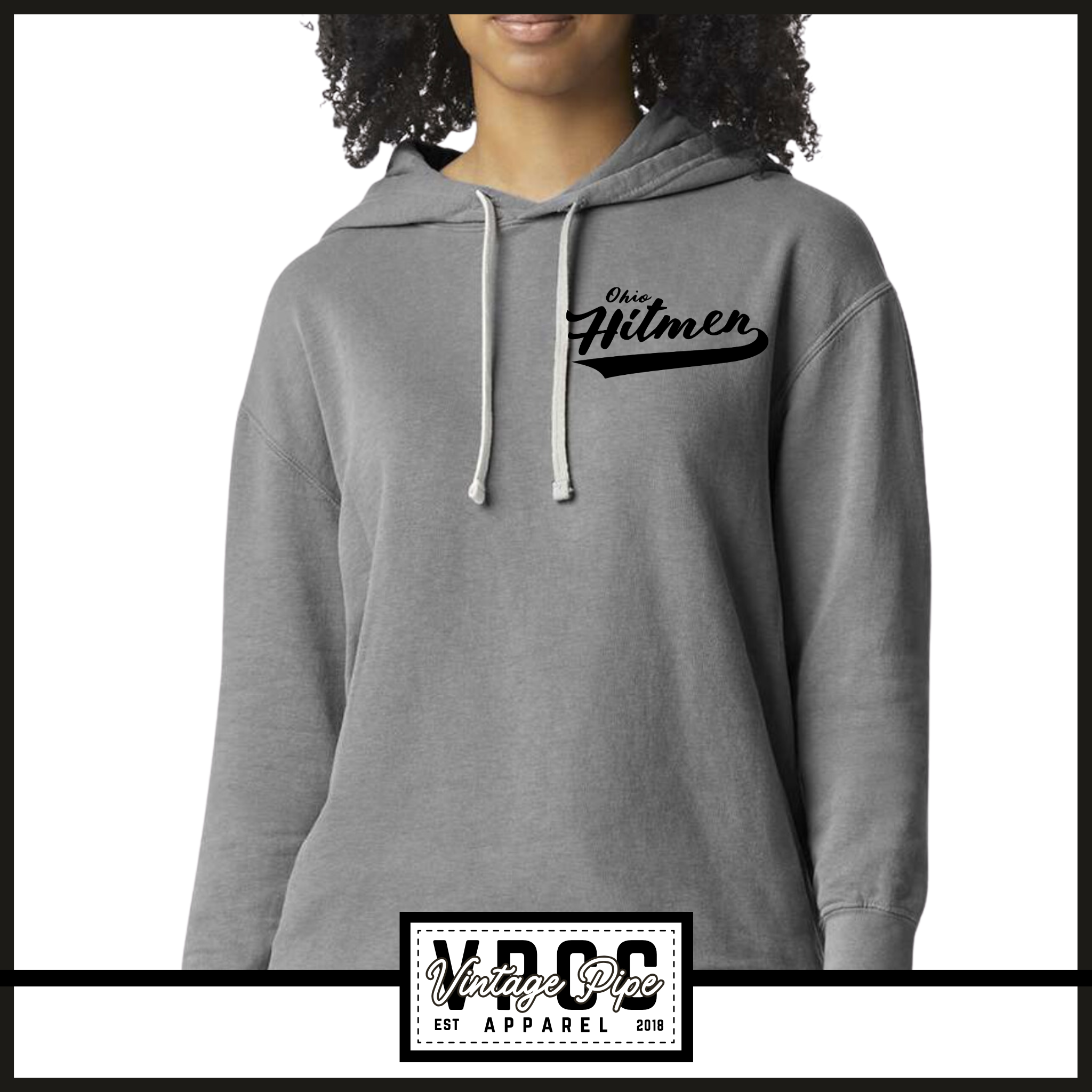 1467 OHIO HITMEN- BLACK SCRIPT: Comfort Colors® Lightweight Hooded Sweatshirt- YOUTH & ADULT-GREY