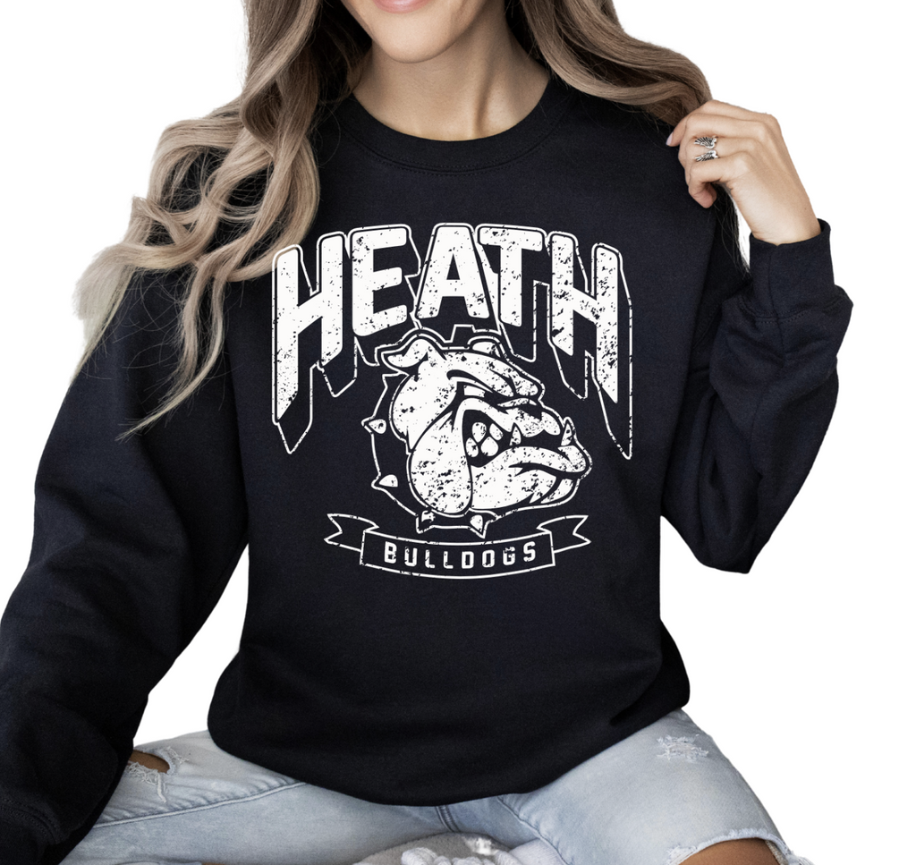 Black Vintage Distressed Heath Bulldogs Crew Sweatshirt (Unisex) (youth & adult)