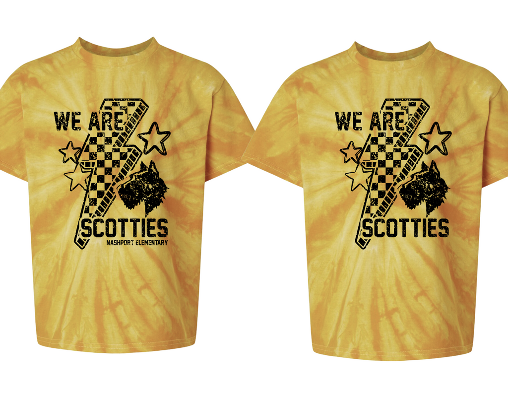 Gold Tie Dye We Are Scotties Tees (Unisex) (Youth & Adult) BOLT- Black Ink Only (Copy)