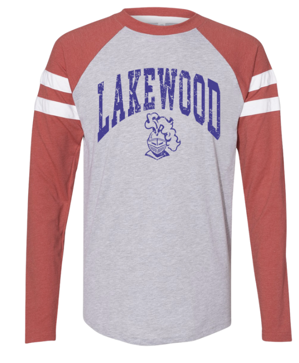 1- Lakewood Mascot Throwback Stripe Sleeve Raglan Long Sleeve Tees (Unisex) (Adult only)- Blue Ink Only