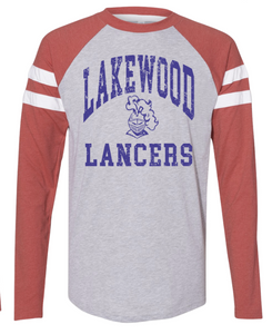 1- Lakewood Lancers Throwback Stripe Sleeve Raglan Long Sleeve Tees (Unisex) (Adult only)- Blue Ink Only