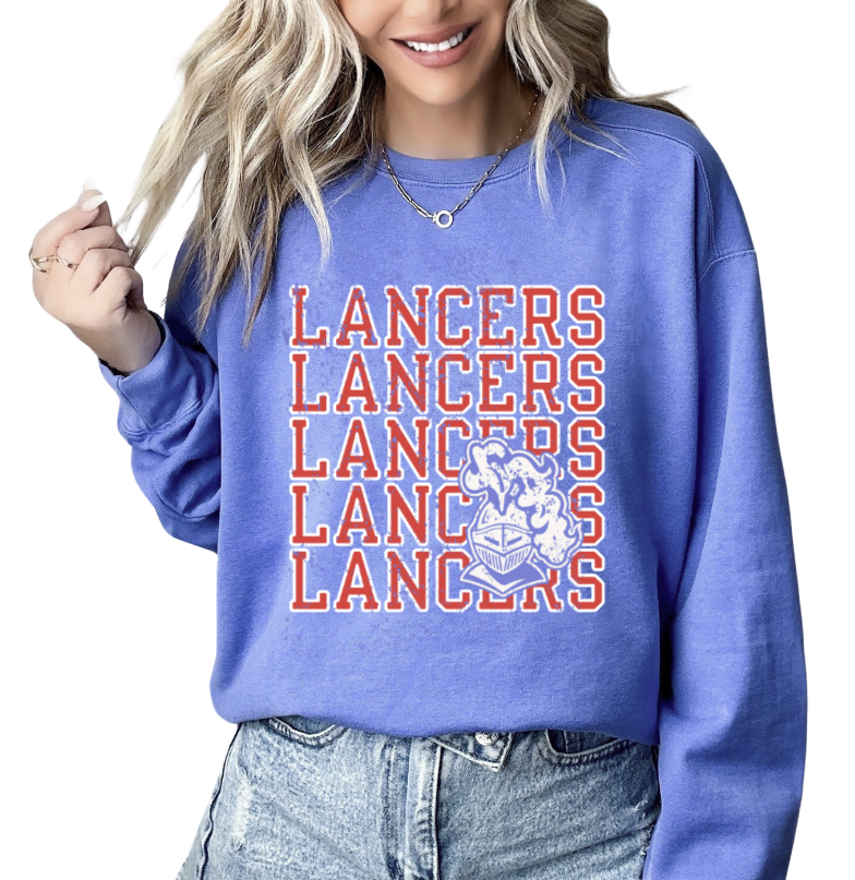 2- Stacked Lancers Mascot Flo Blue Comfort Color Crew Sweatshirts