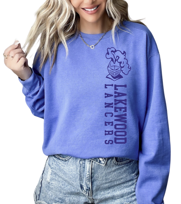 Lakewood Lancers Side Print Tone on Tone Flo Blue Comfort Color Crew Sweatshirts