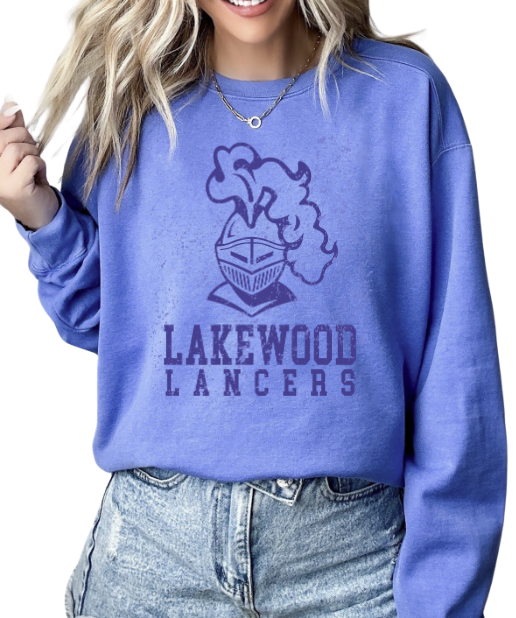 Lakewood Lancers Distressed Mascot Tone on Tone Flo Blue Comfort Color Crew Sweatshirts