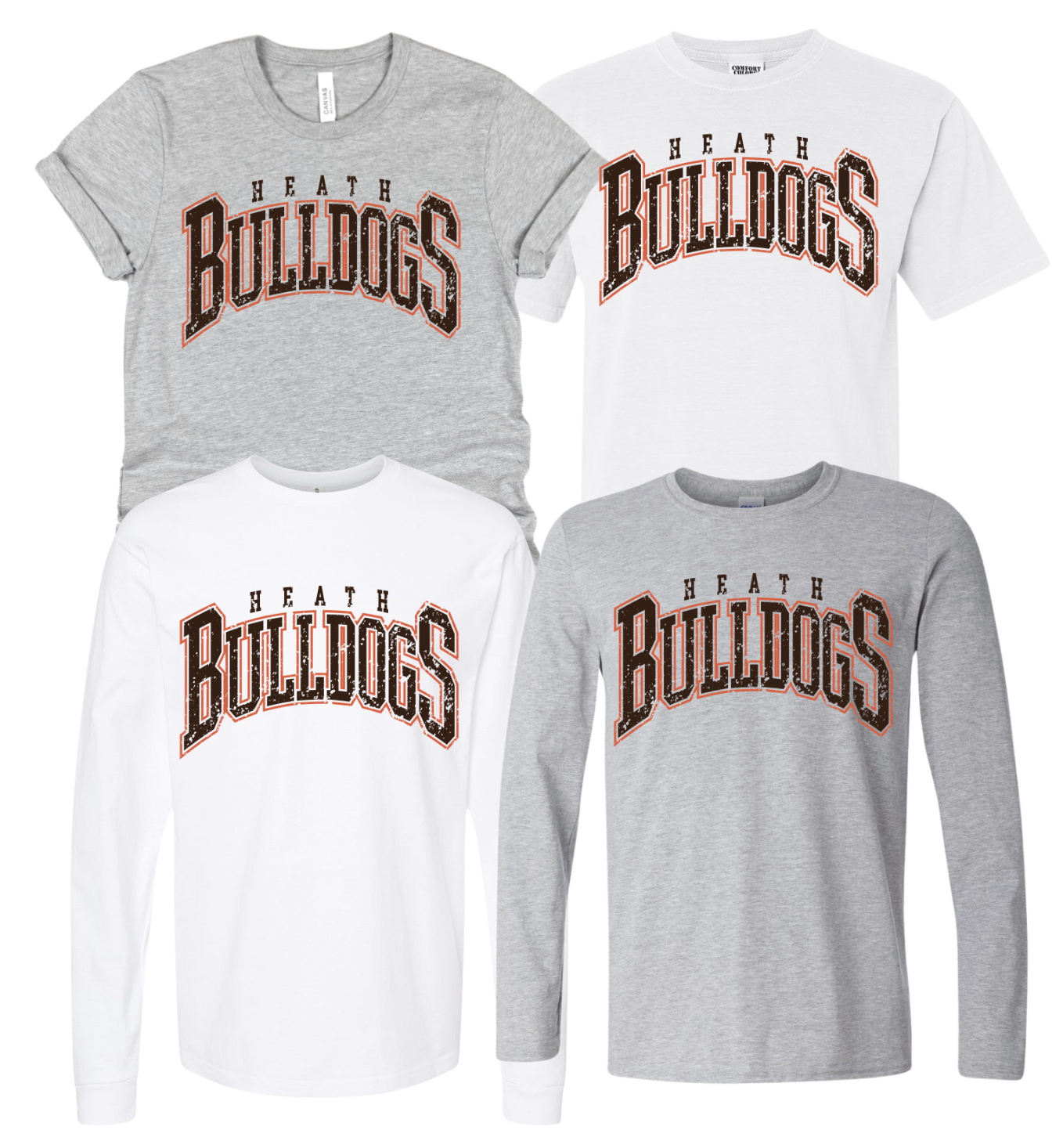 White & Athletic Heather Grey Heath Bulldogs Arched Short & Long Sleeve Tees (Youth & Adult)