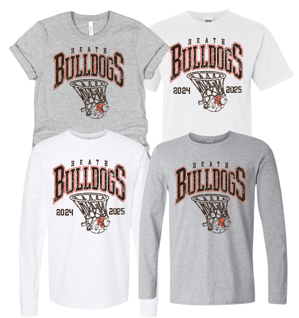 White & Athletic Heather Grey Heath Bulldogs Arched Basketball Short & Long Sleeve Tees (Youth & Adult)