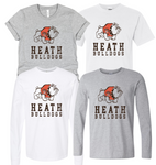 White & Athletic Heather Grey Heath Bulldogs Mascot Short & Long Sleeve Tees (Youth & Adult)