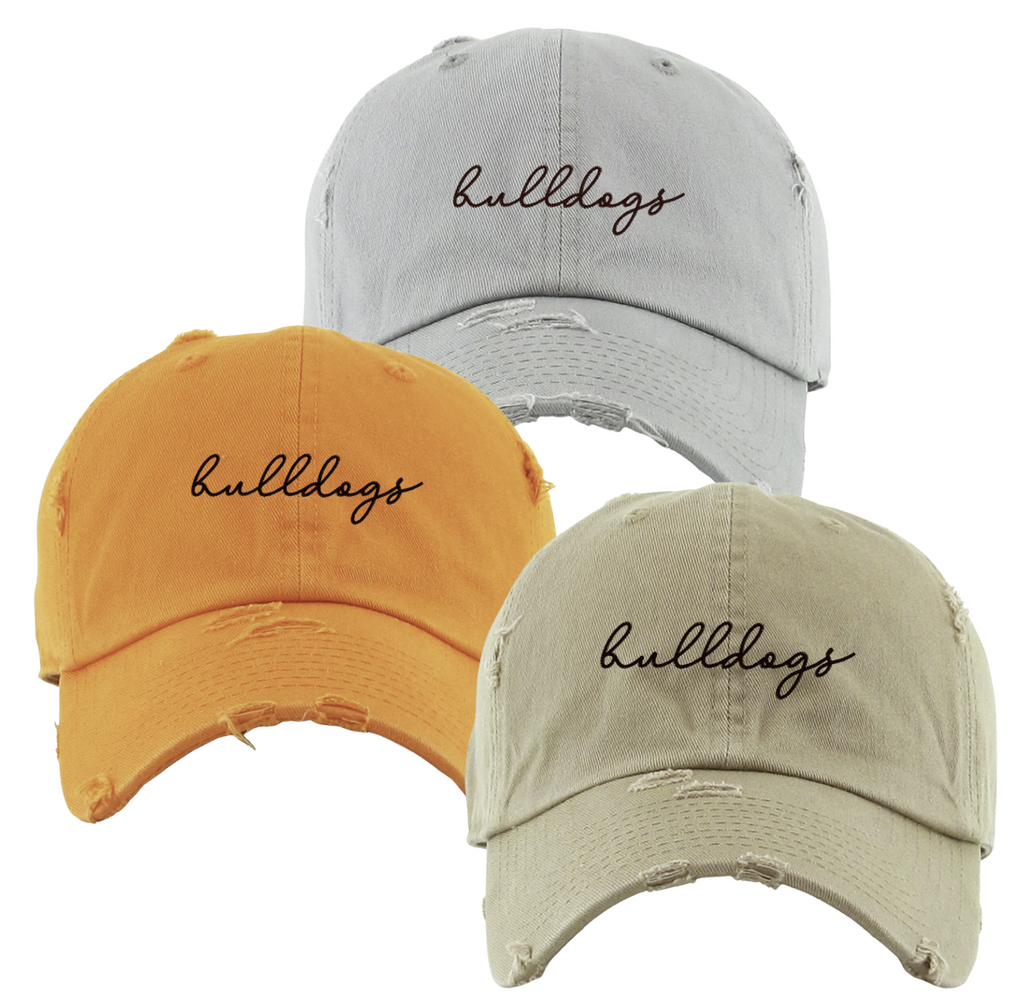 *NEW* Embroidered Script Bulldogs Distressed Ladies Hats