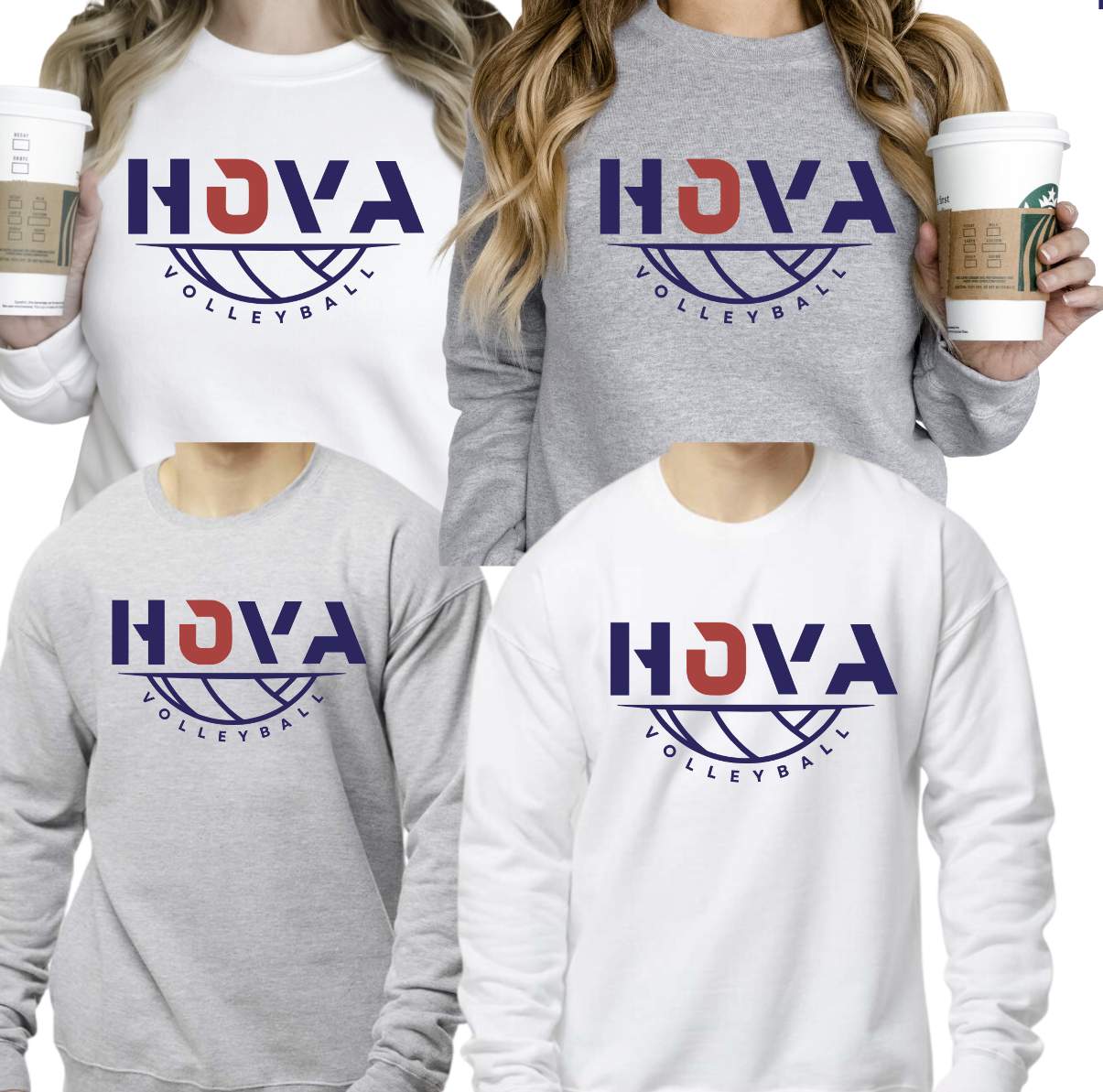 2- HOVA Volleyball Heather Grey & White Crew Sweatshirt (Unisex) (Youth & Adult)