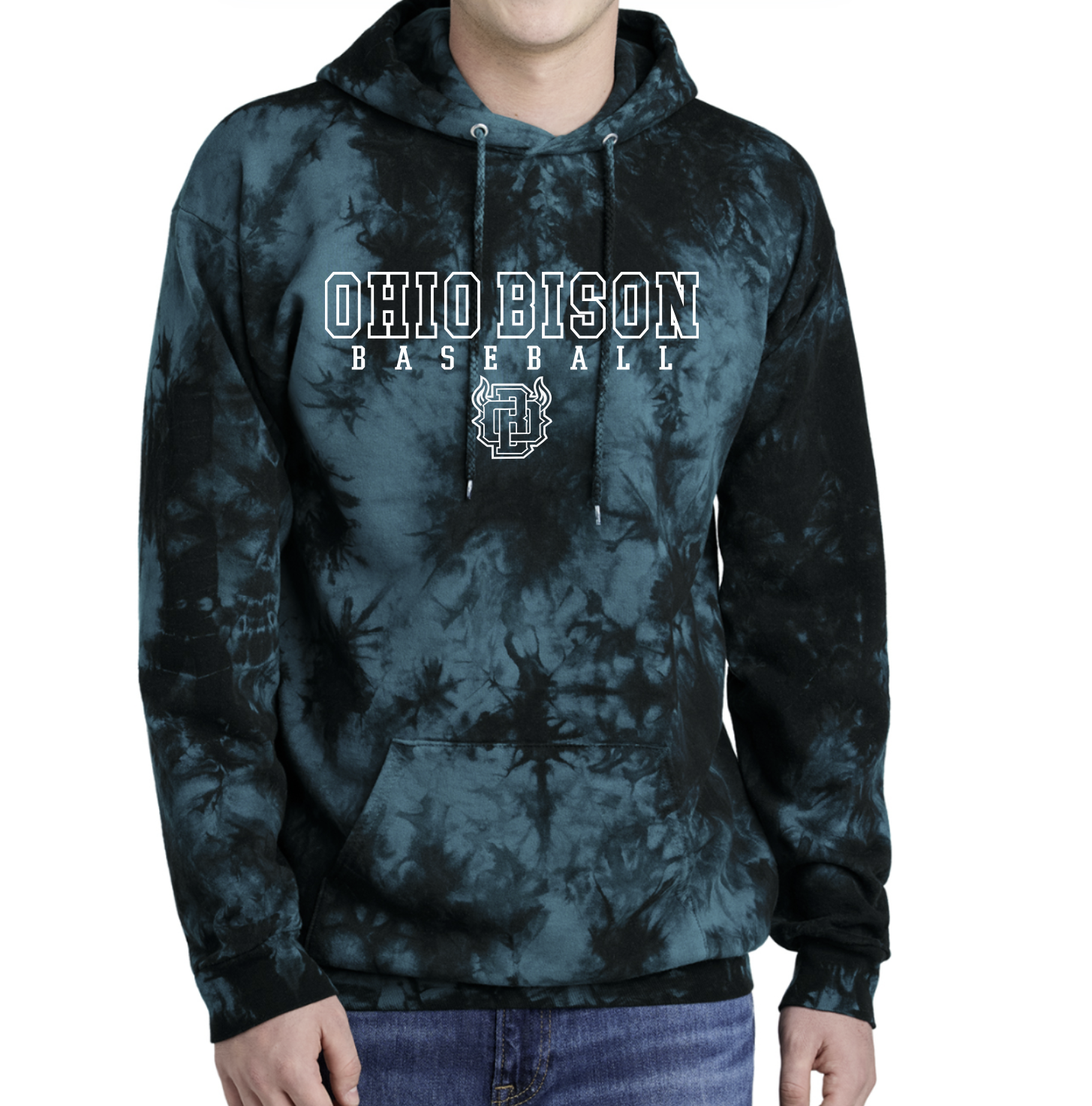 PC144- OHIO BISON- Crystal Tie-Dye Pullover Hoodie YOUTH AND ADULT-TEAL- OHIO BISON BASEBALL