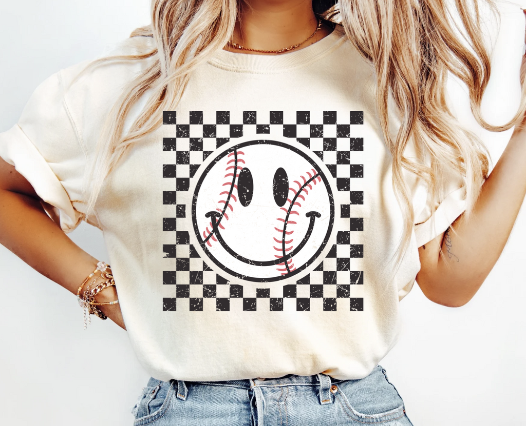 Checkered Smiley Baseball Tee