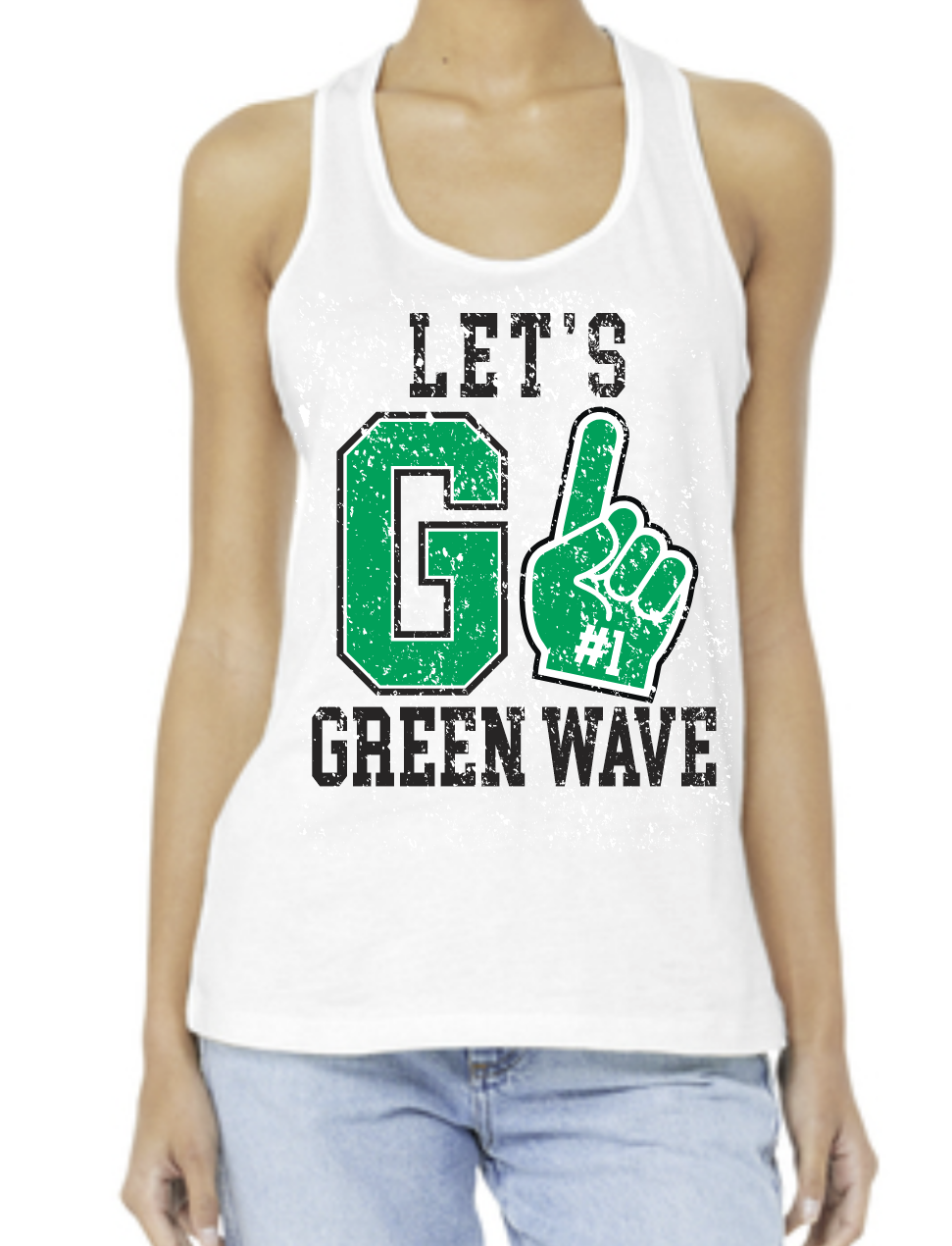 White: Let’s Go Green Wave- Spirit Finger Racerback Tank