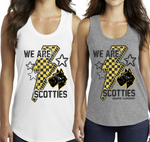 We are Scotties Bolt Racerback Tank (In my opinion these fit true to size. Can size up one if you want a looser fit)