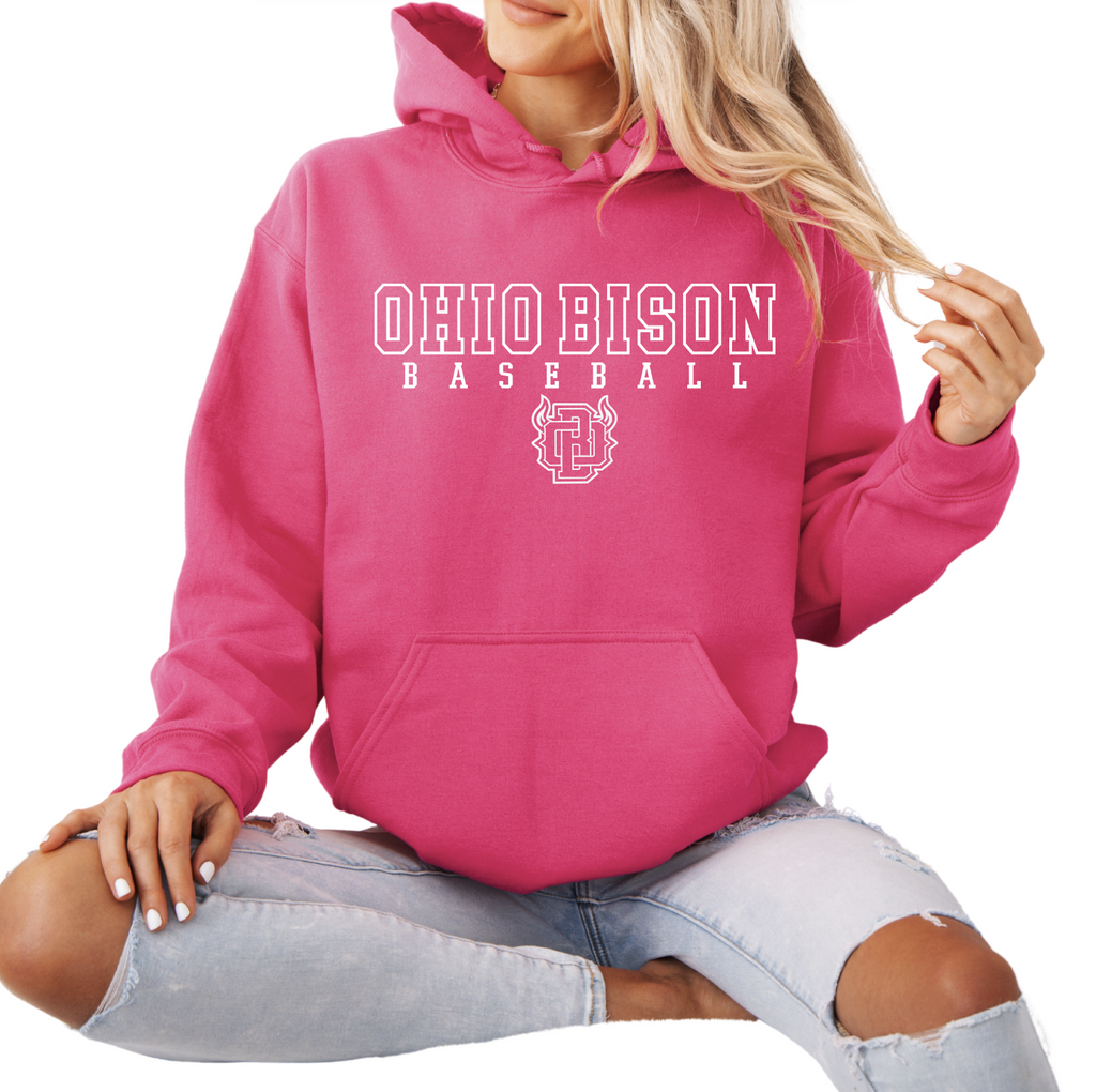 18500- OHIO BISON- PINK HOODIE- YOUTH & ADULT- BISON BASEBALL- WHITE ONLY