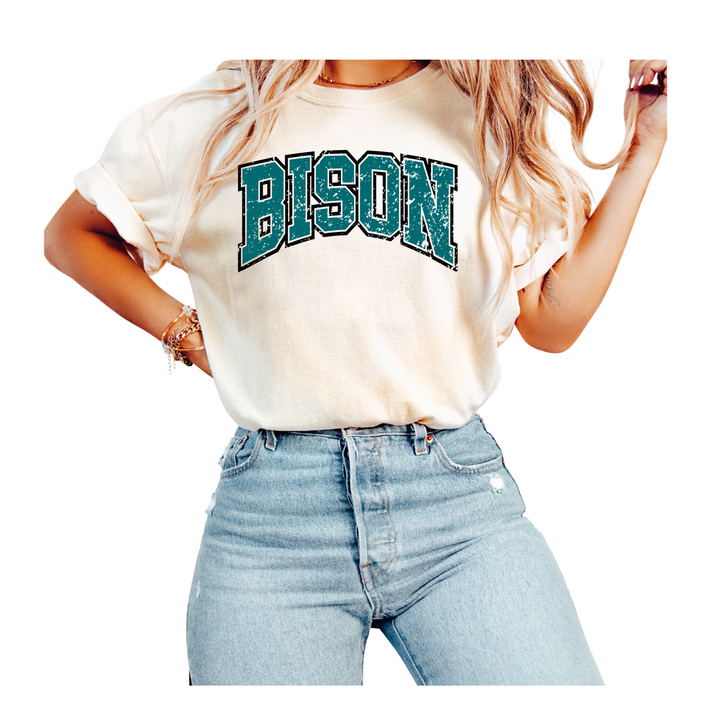 1717 & 6014- OHIO BISON - IVORY COMFORT COLOR UNISEX SHORT AND LONG TEES- BISON VARSITY