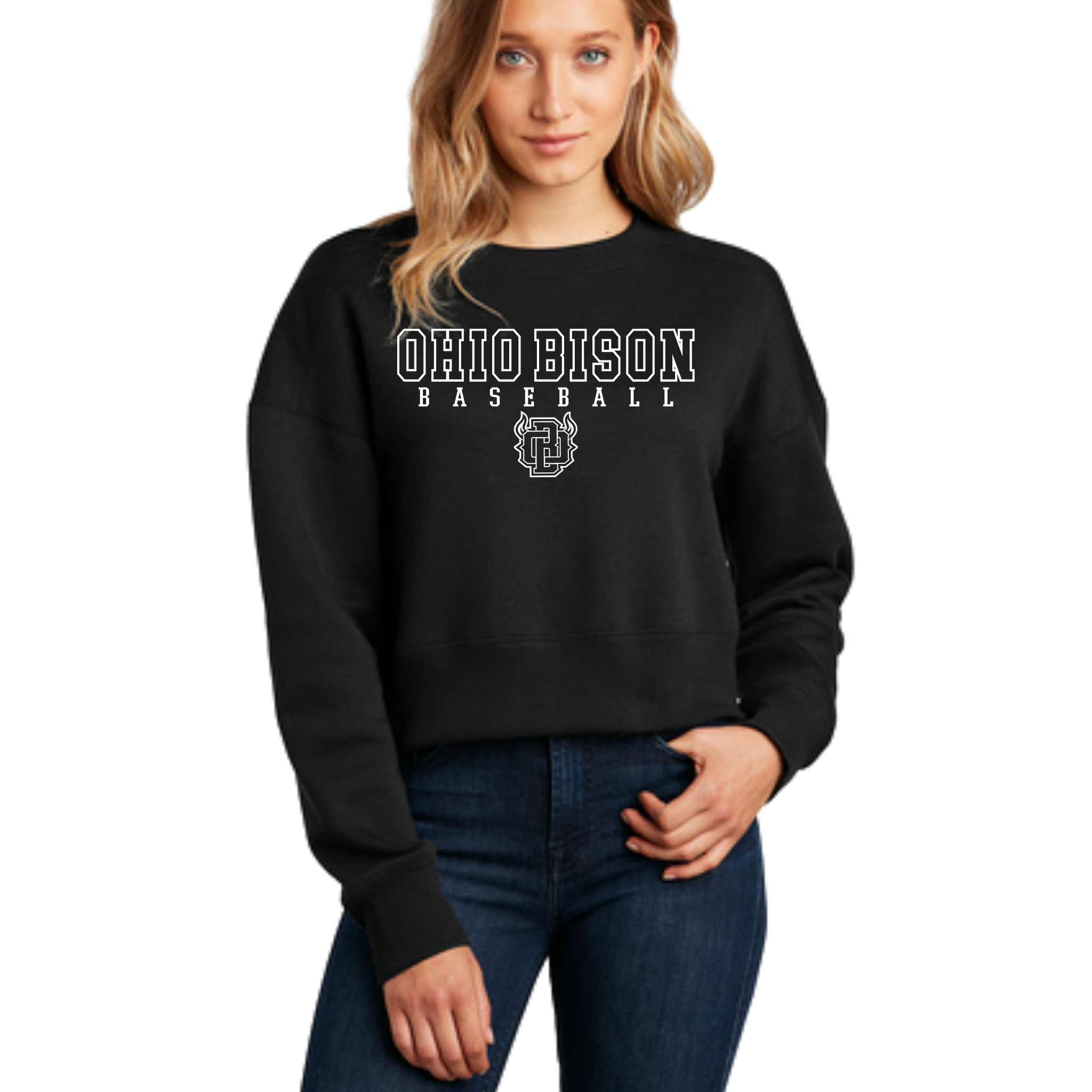 DT1105 OHIO BISON- District® Women’s Perfect Weight® Fleece Cropped Crew (WE SUGGEST SIZING UP IN THIS)- ADULT ONLY-  BISON BASEBALL- WHITE ONLY