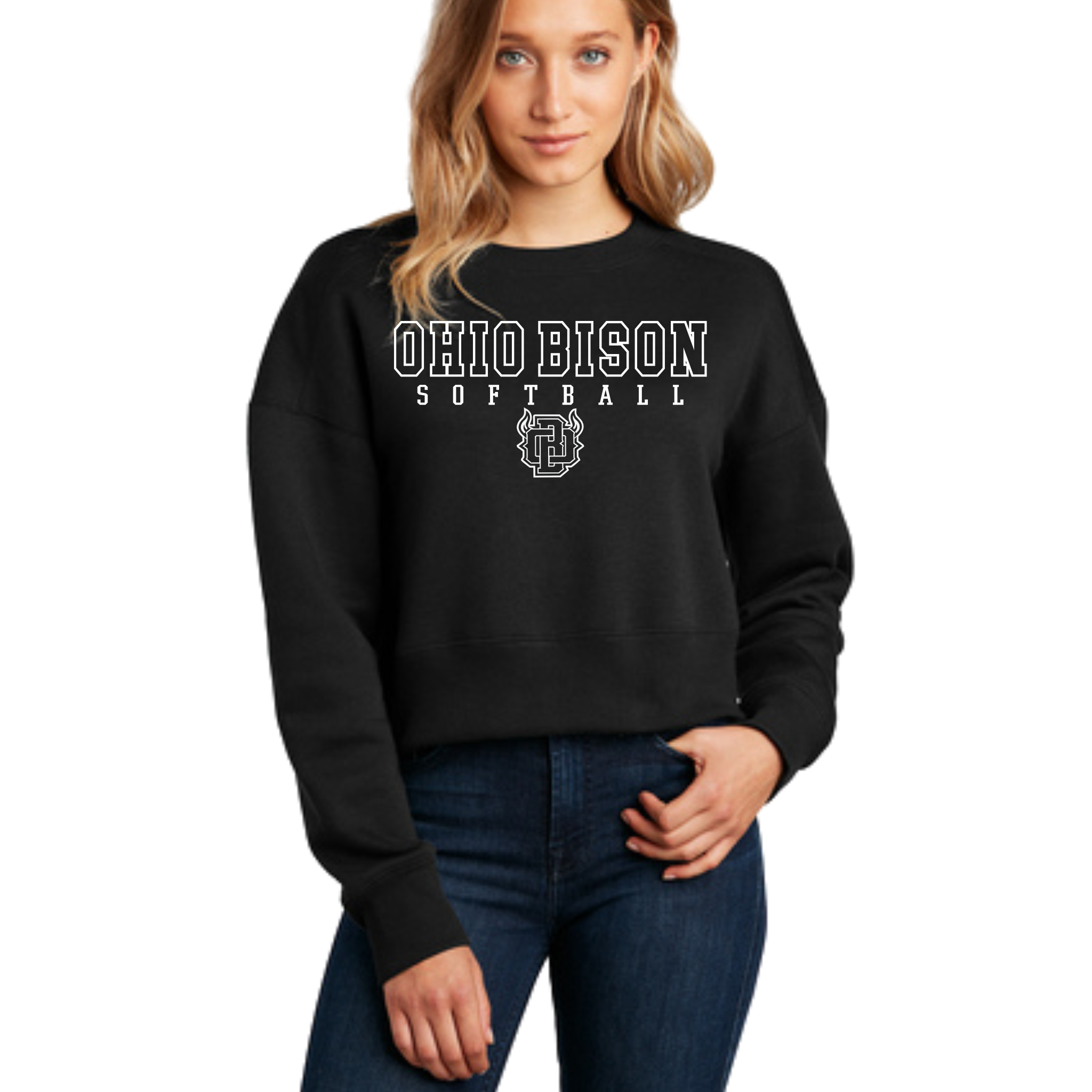 DT1105 OHIO BISON- District® Women’s Perfect Weight® Fleece Cropped Crew (WE SUGGEST SIZING UP IN THIS)- ADULT ONLY-  BISON SOFTBALL- WHITE ONLY