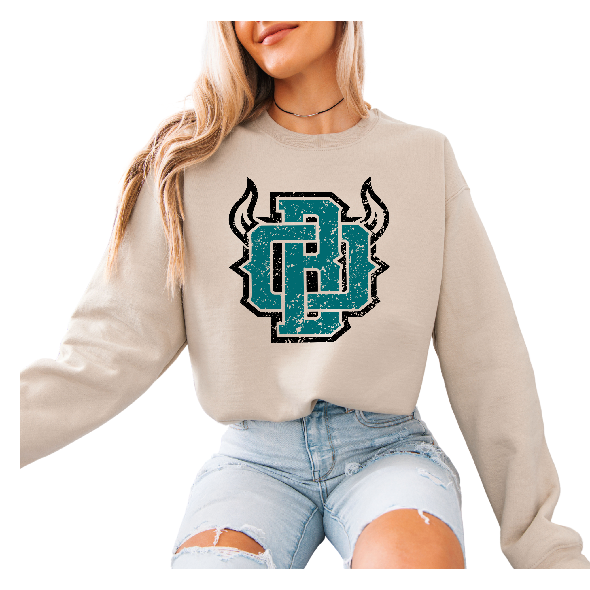 18000-OHIO BISON-SAND-UNISEX CREW SWEATSHIRT ADULT ONLY- DISTRESSED LOGO