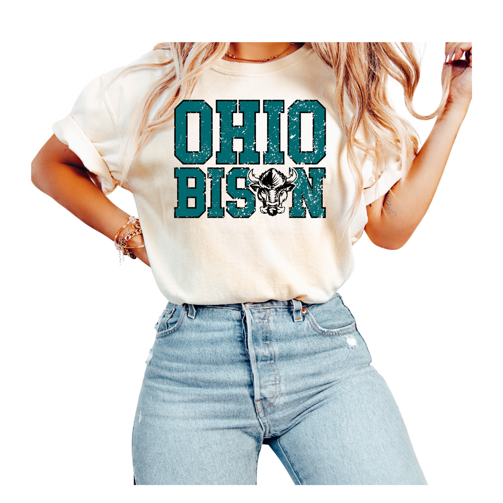 1717 & 6014- OHIO BISON - IVORY COMFORT COLOR UNISEX SHORT AND LONG TEES- OHIO BISON BLOCK