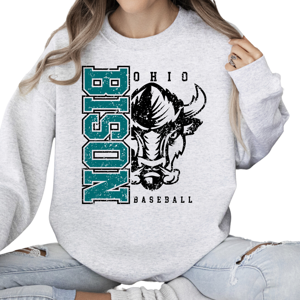 18000-OHIO BISON-ASH-UNISEX CREW SWEATSHIRT YOUTH & ADULT- SIDE PRINT- BASEBALL