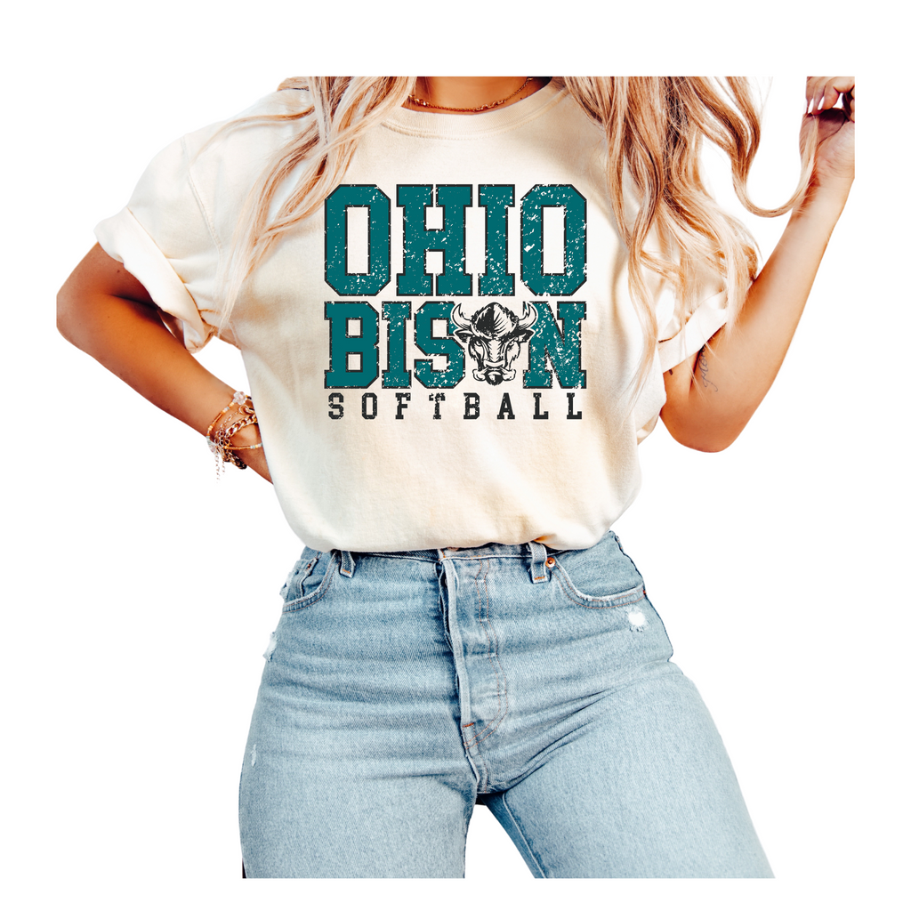 1717 & 6014- OHIO BISON - IVORY COMFORT COLOR UNISEX SHORT AND LONG TEES- OHIO BISON BLOCK- SOFTBALL