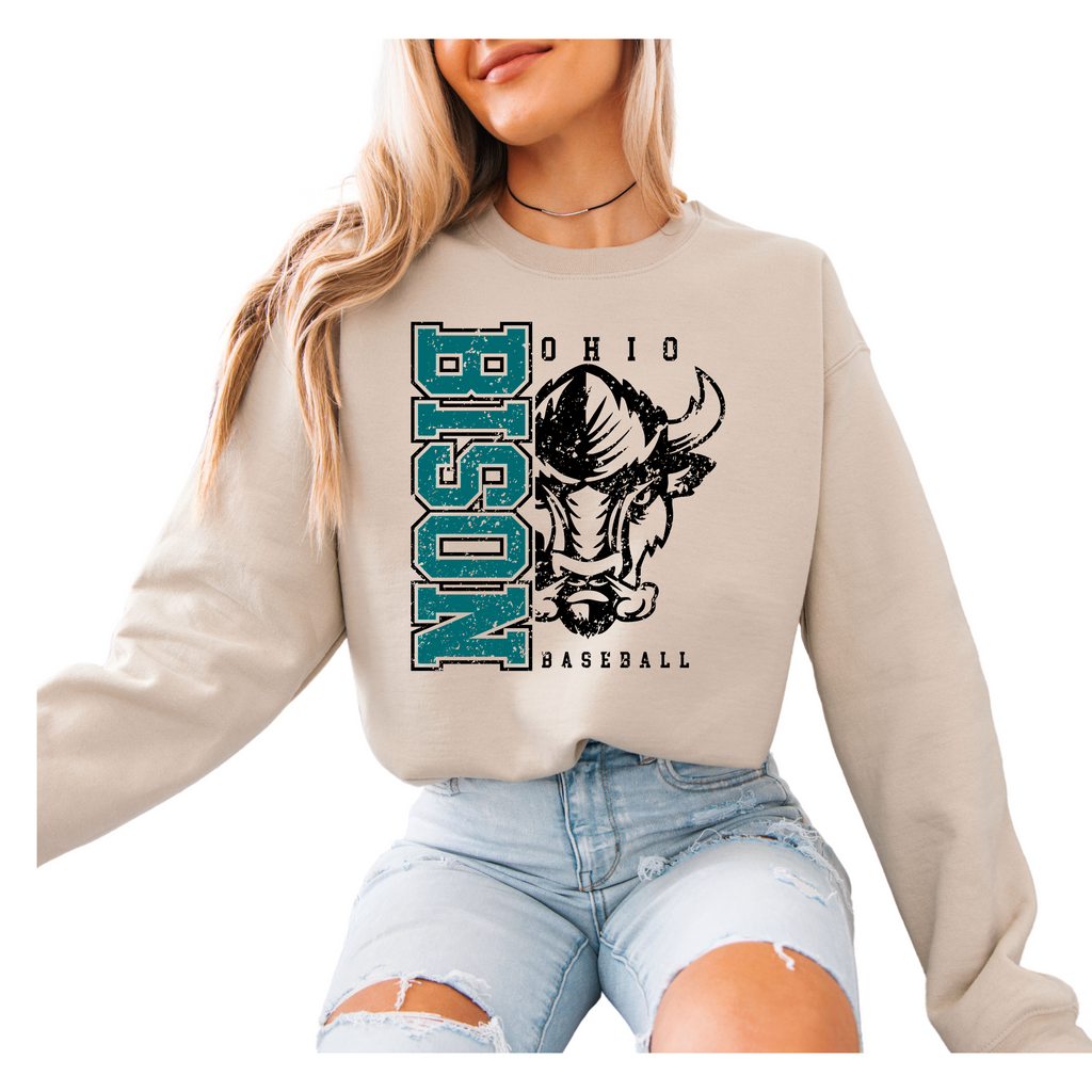 18000-OHIO BISON-SAND-UNISEX CREW SWEATSHIRT ADULT ONLY- SIDE PRINT- BASEBALL